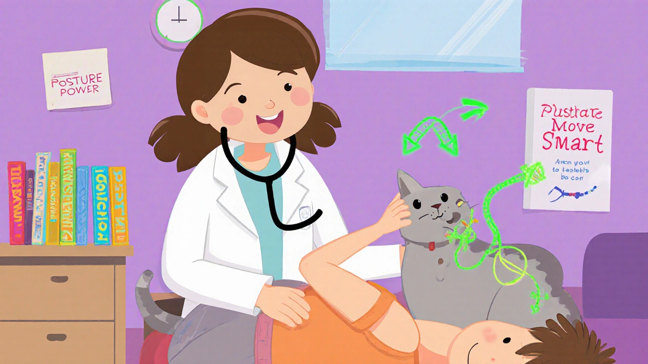 A physical therapist guiding a patient in a playful stretch, with colorful arrows showing improved movement.