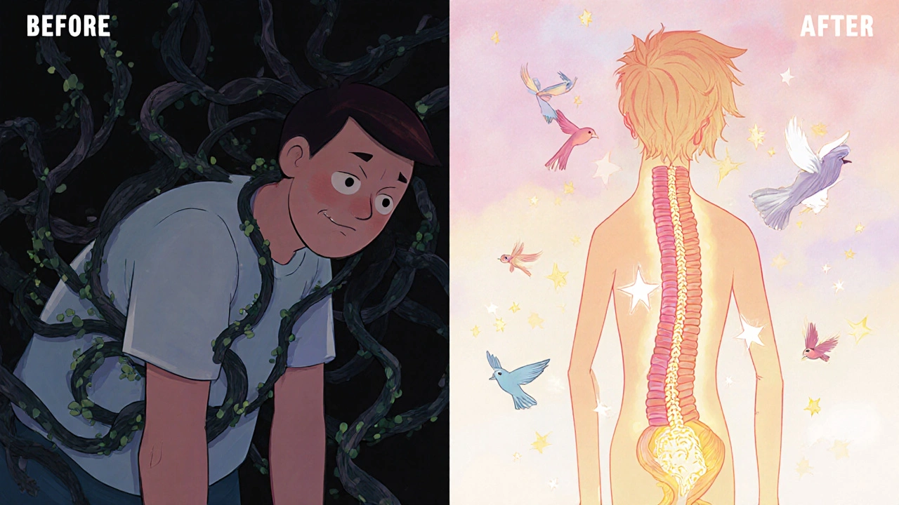 Before and after: tangled muscles pulling someone down vs. bright flowing ribbons helping them stand tall.