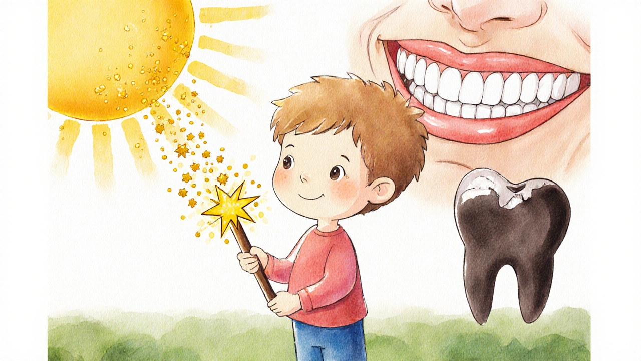 A child holding a sunbeam that turns into healing light for their teeth and gums.