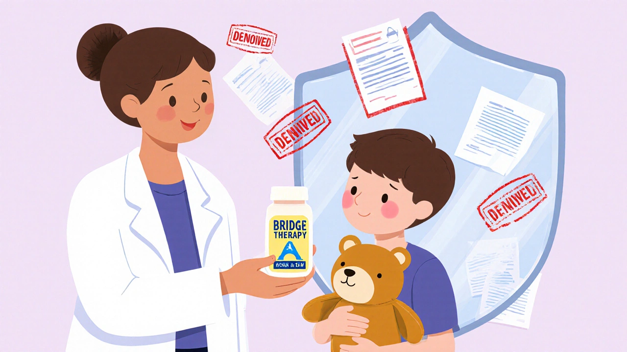 A doctor gives a child a small bottle of medicine labeled 'Bridge Therapy' while paper denials float away.