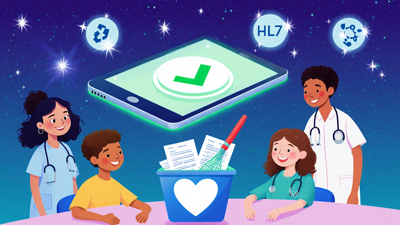 A glowing tablet shows approval as paper forms disappear into a heart-shaped bin, with digital icons above.