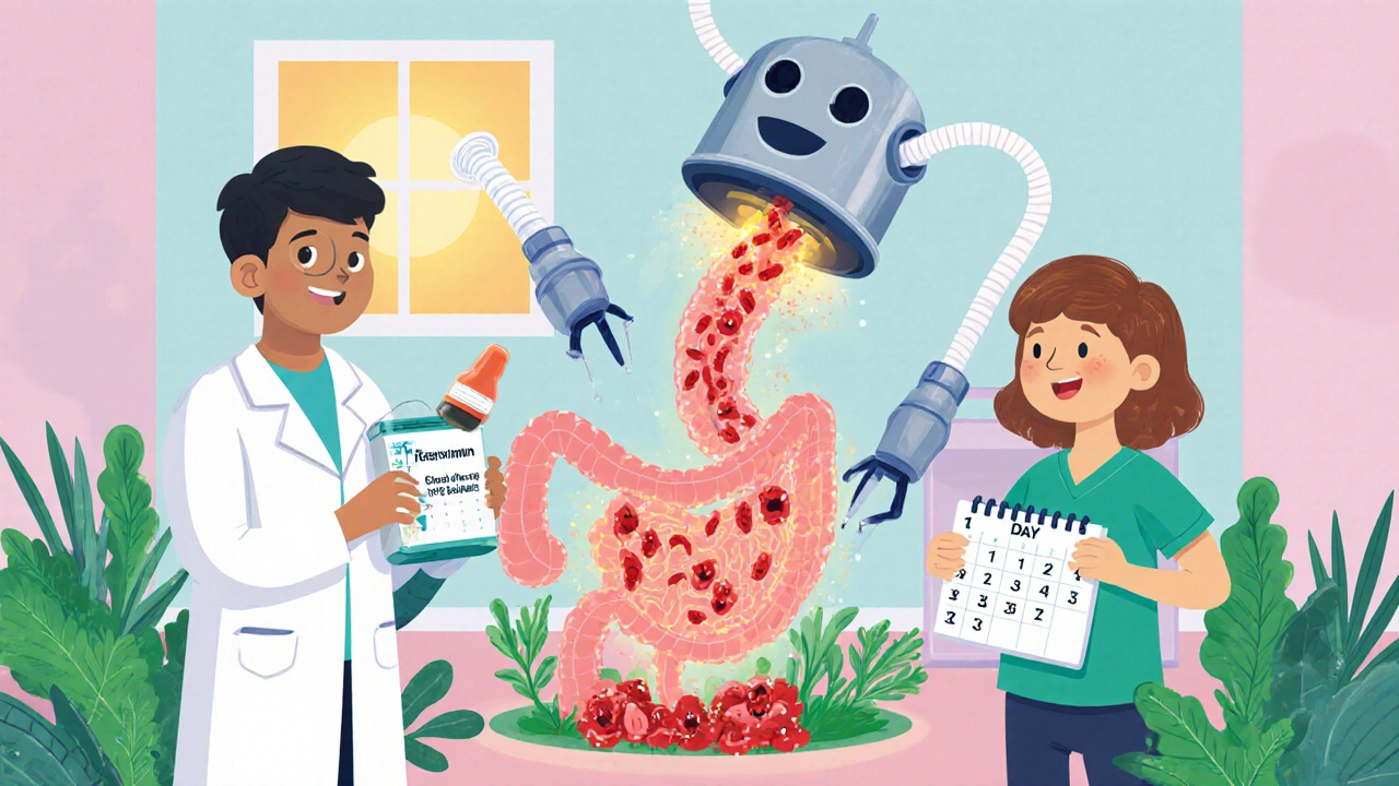 A surgeon holds a Rifaximin pill next to a patient’s calendar marking days before surgery, with a cleaning robot removing bad bacteria.