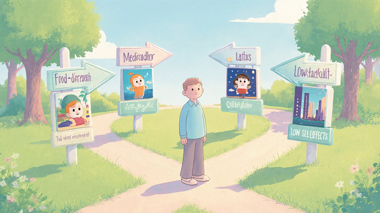 Adult figure at a park crossroads choosing between four medication paths.