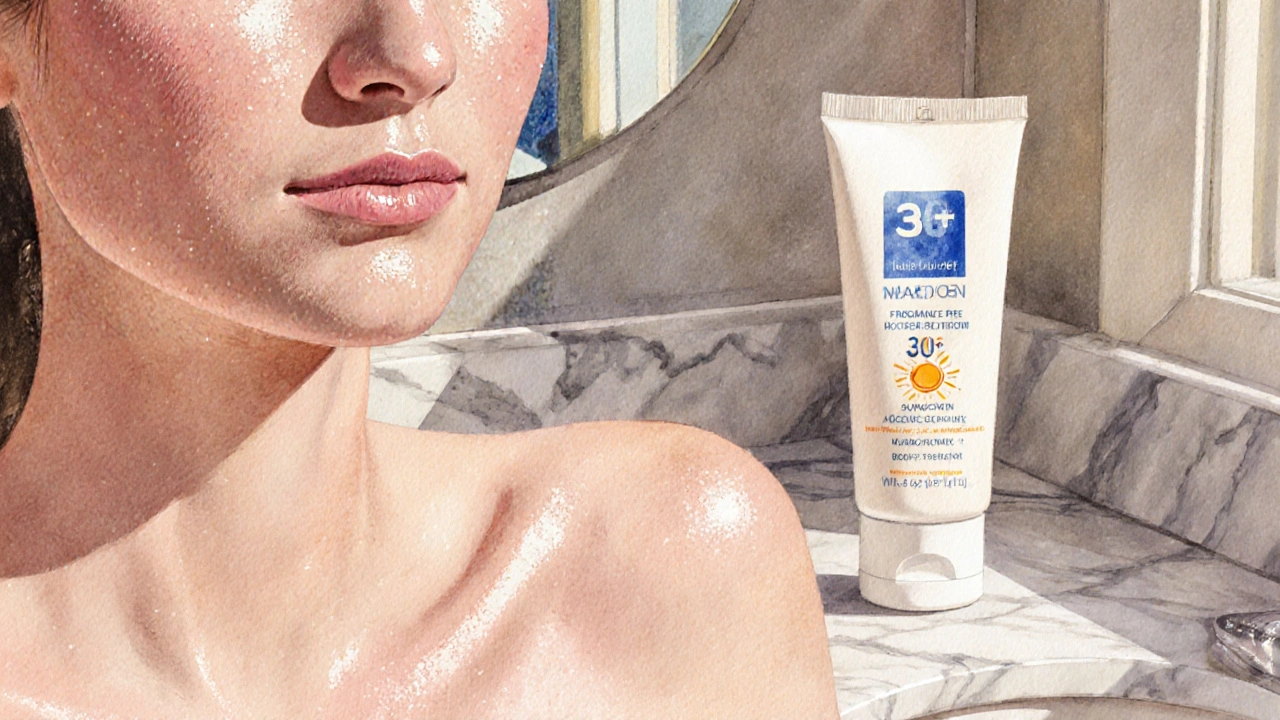 After‑care scene with moisturiser, sunscreen, and glowing clear skin.