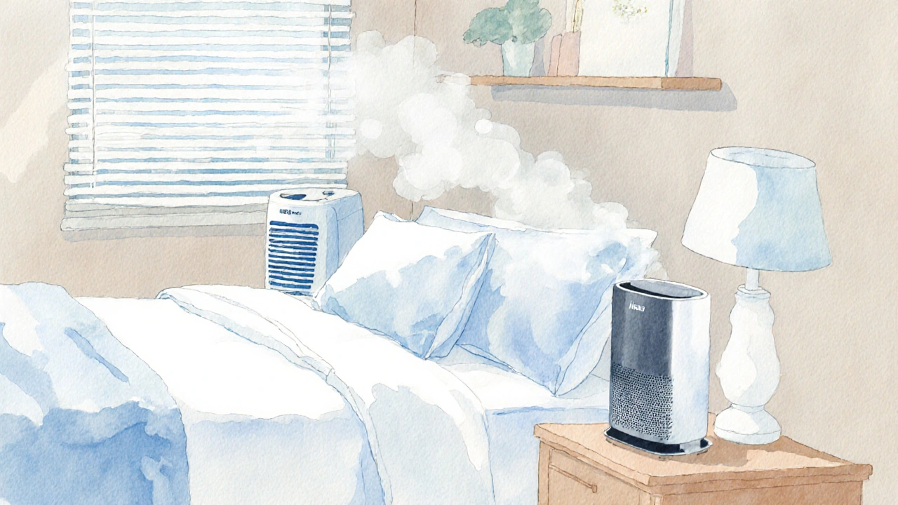 Allergy-friendly dorm bedroom with air purifier, hypoallergenic bedding, and dehumidifier.