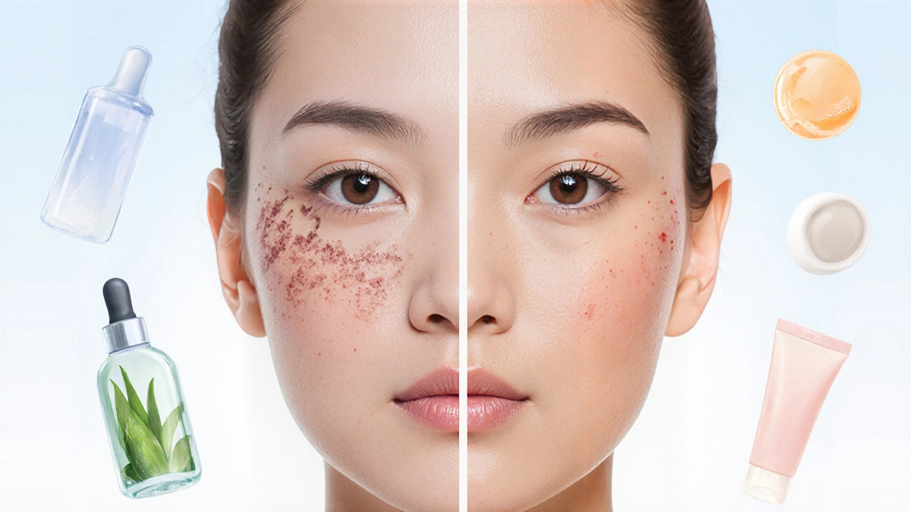 Before‑after split illustration of acne‑prone skin showing clearer, smoother complexion after treatment.