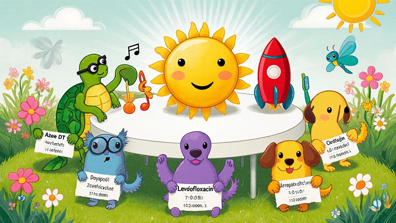 Cartoon garden with antibiotic characters: Azee DT sun, turtle Doxycycline, parrot Clarithromycin, rocket Levofloxacin, puppy Amoxicillin, dragonfly Ciprofloxacin.