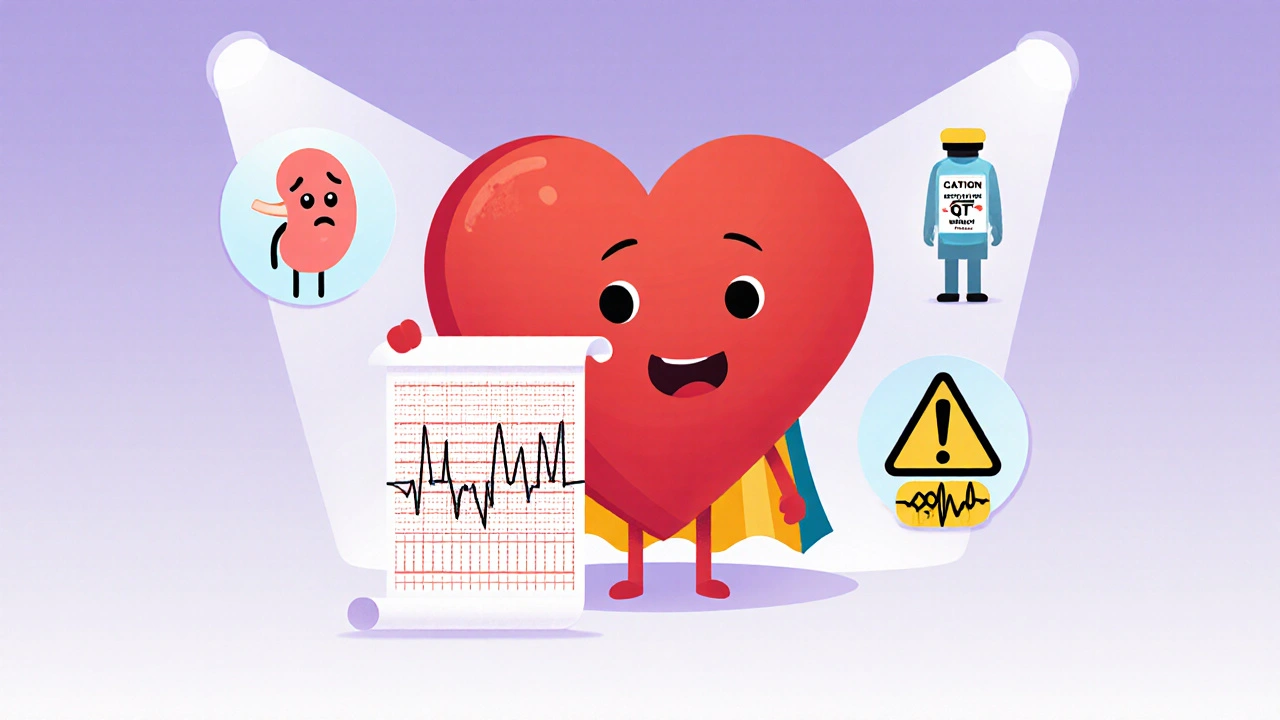 Cartoon heart with ECG shows long QT interval beside kidney, pill, and patient icons.