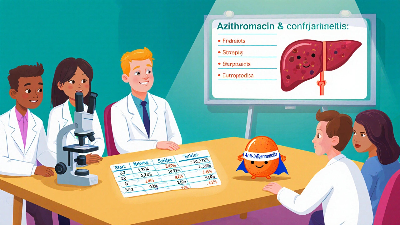 Cartoon scientists review azithromycin study data on hepatitis.