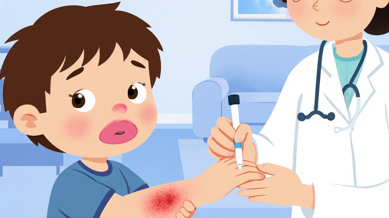Child with red hives and swelling as a doctor performs skin testing.