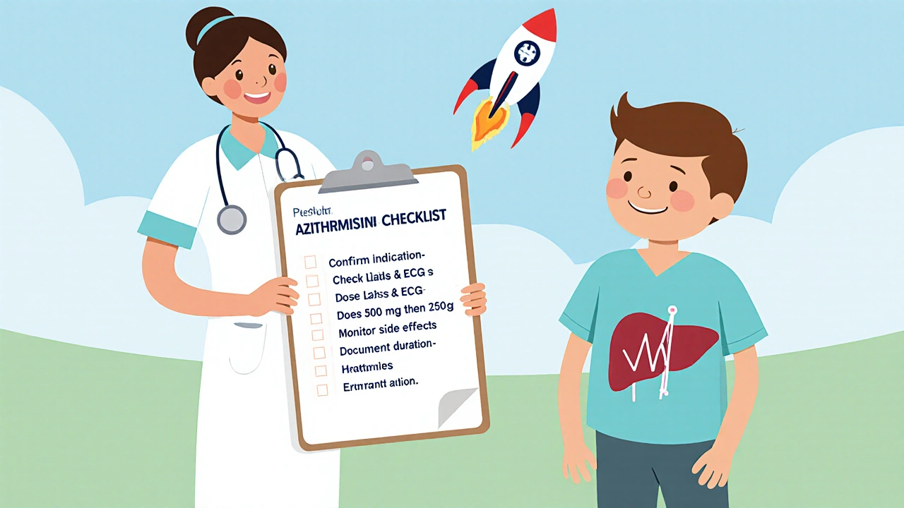 Clinician checklist illustration for safe azithromycin use in hepatitis.