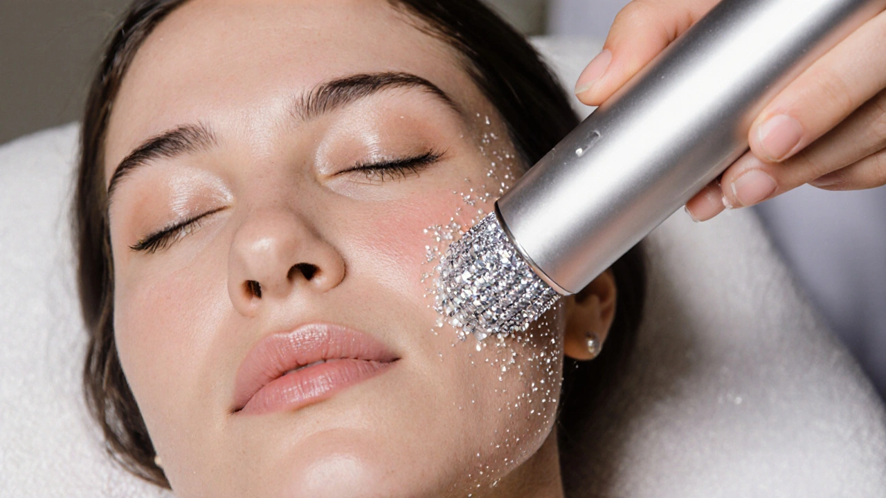 Close-up of microdermabrasion device gliding over a patient's cheek with crystals.