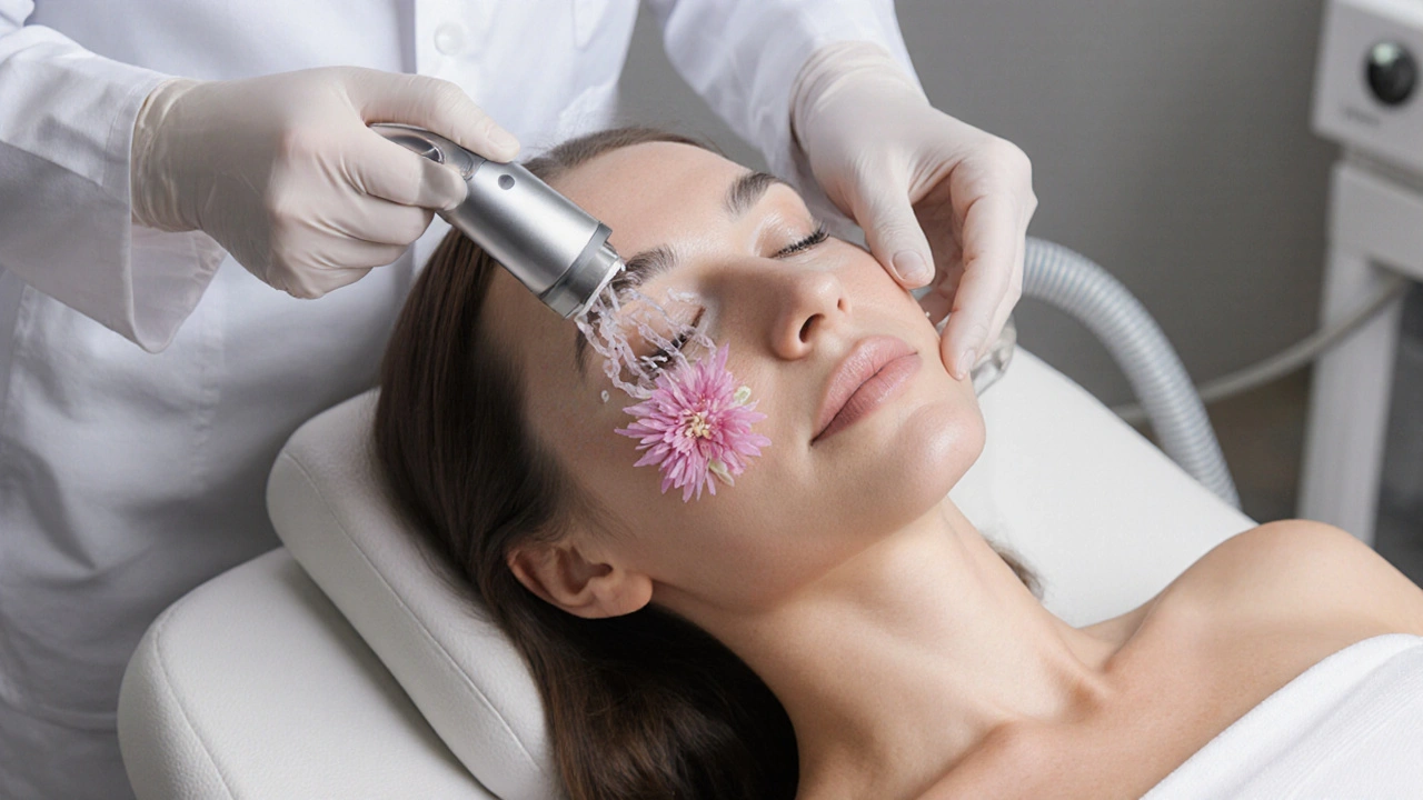 Dermatologist performing microdermabrasion on patient’s cheek with handheld device.