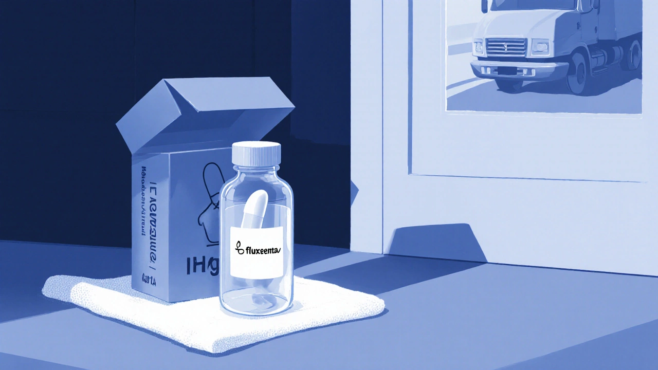 Discrete box on porch revealing a pill bottle of generic fluoxetine inside.