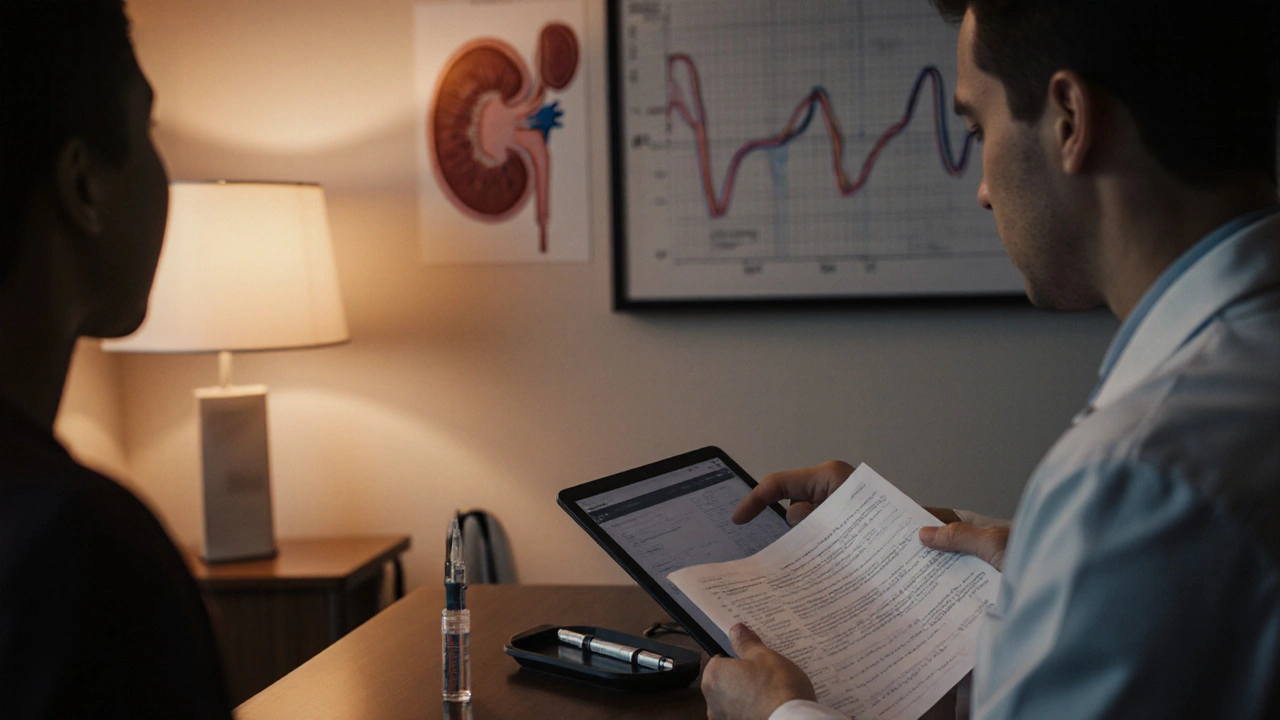 Doctor and patient discussing a tablet and pen in a warmly lit office, with subtle health icons.