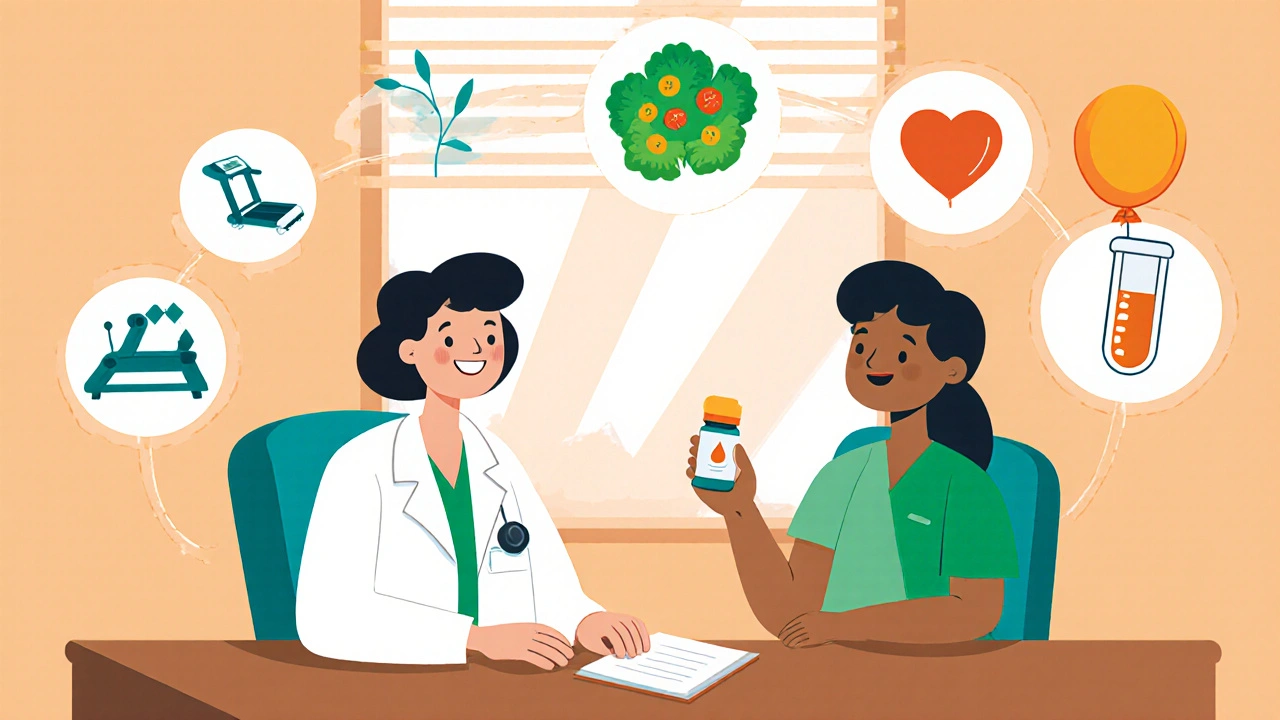 Doctor and patient discussing meds with icons for exercise, diet, tests, and heart.
