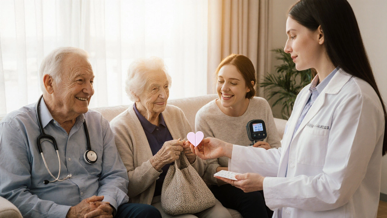 Doctor offering a rosuvastatin pill to a diverse group of patients in a cozy living room.