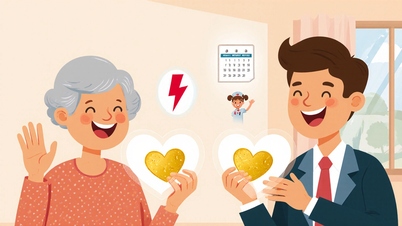 Elderly and young patient each holding a golden Azee DT tablet with heart glow and subtle QT warning icon in a clinic.