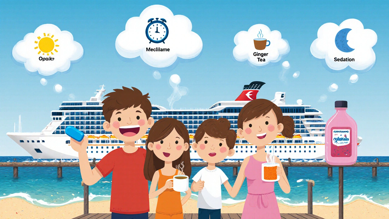 Family on a pier holding different motion‑sickness remedies.