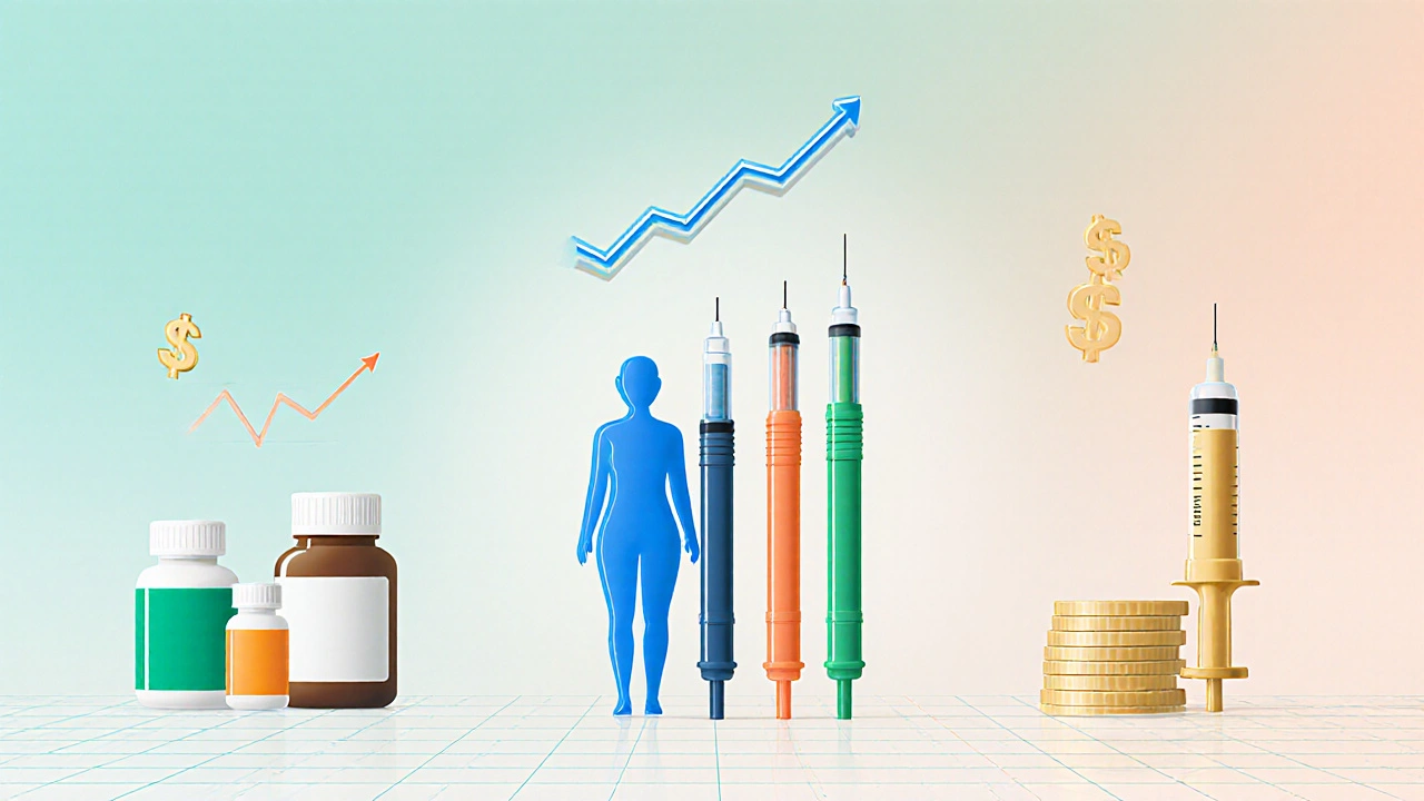 Flat‑lay illustration of tablets, injection pens, and visual cues for efficacy, weight loss, and cost.