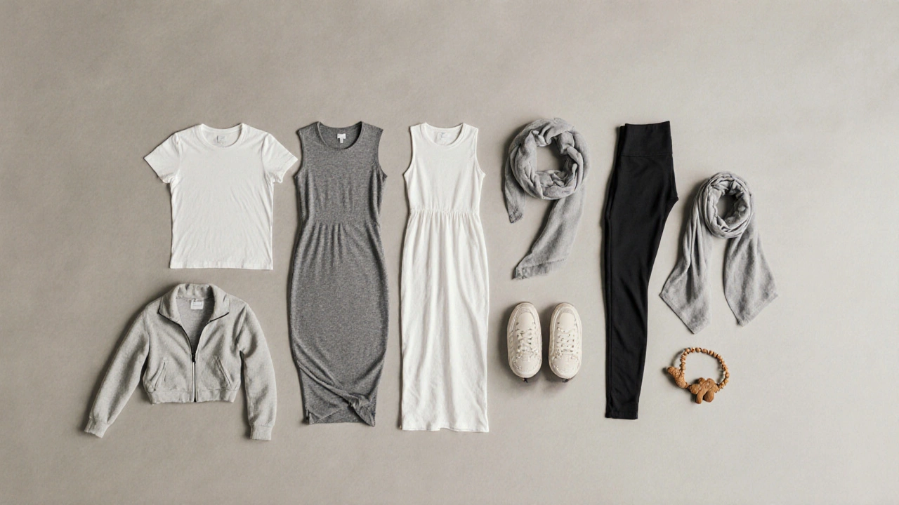 Flat lay of capsule wardrobe pieces, including ginger bracelet and scent‑free scarf, for quick outfit swaps.