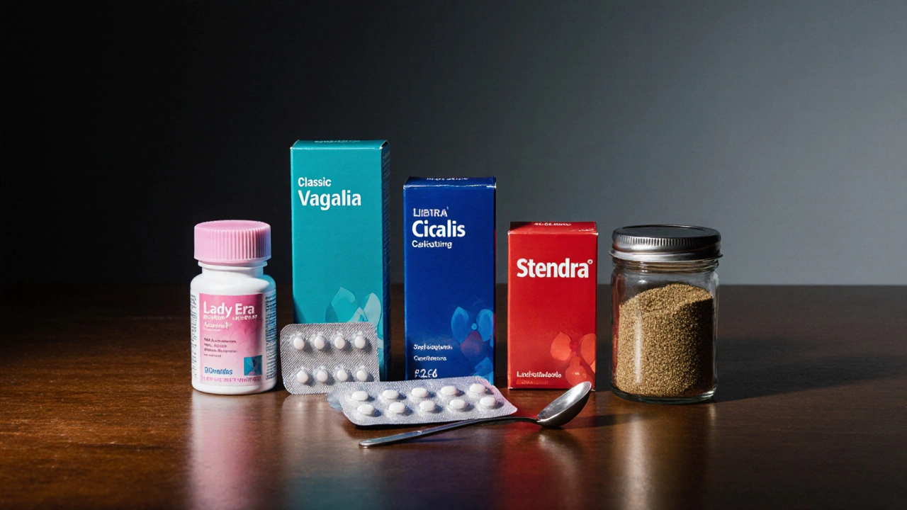 Flat‑lay of various ED pills and L‑arginine powder on a wooden surface, showing product variety.