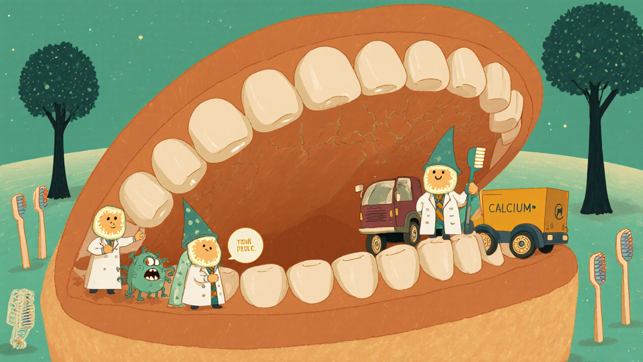 Friendly calcitriol wizards directing calcium trucks to repair tooth enamel in a microscopic mouth scene.