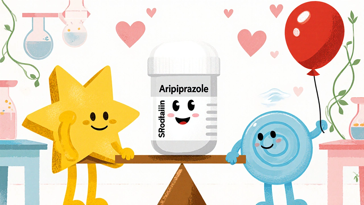Friendly dopamine, serotonin, and prolactin characters balanced by Aripiprazole tablet.