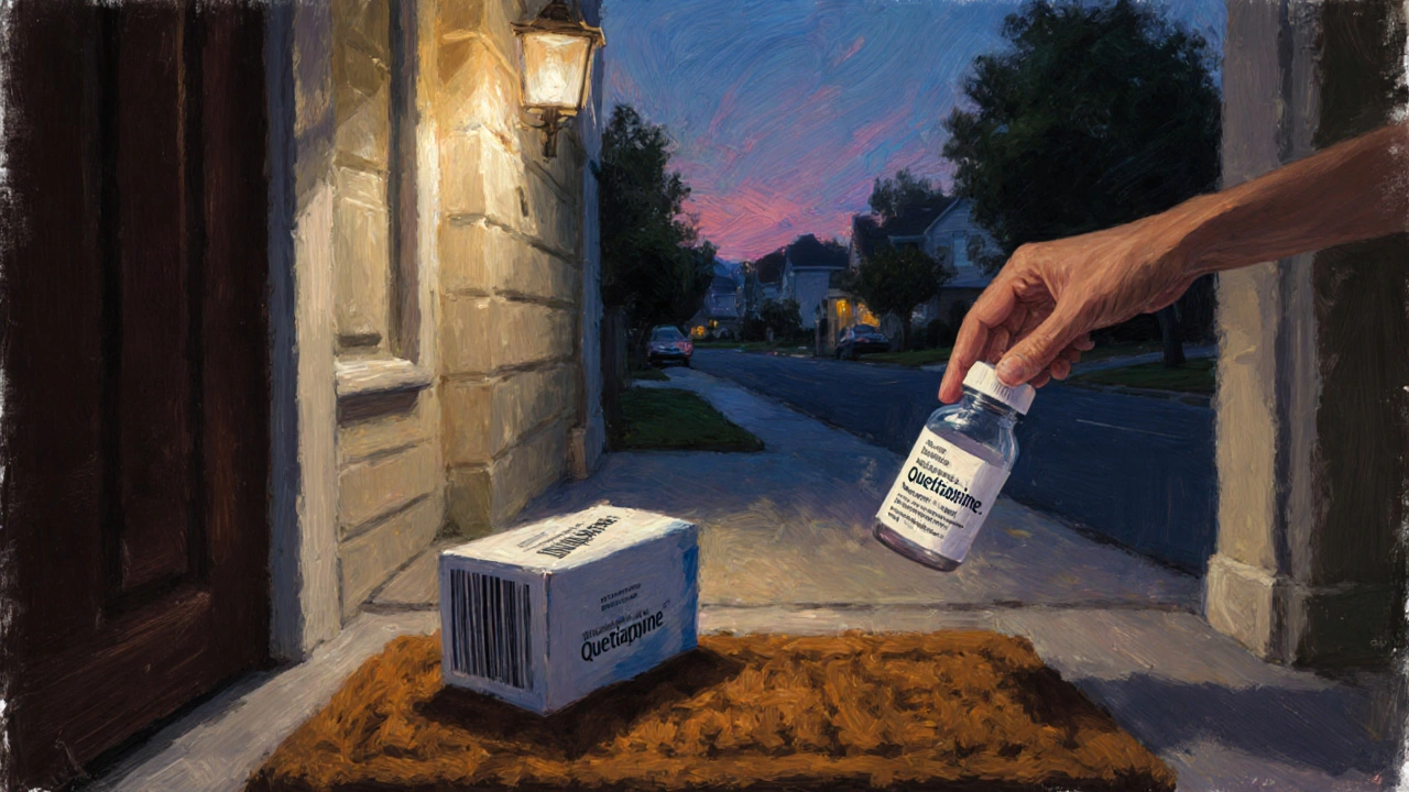 Hand opening a discreet box on a porch, revealing a quetiapine bottle at dusk.