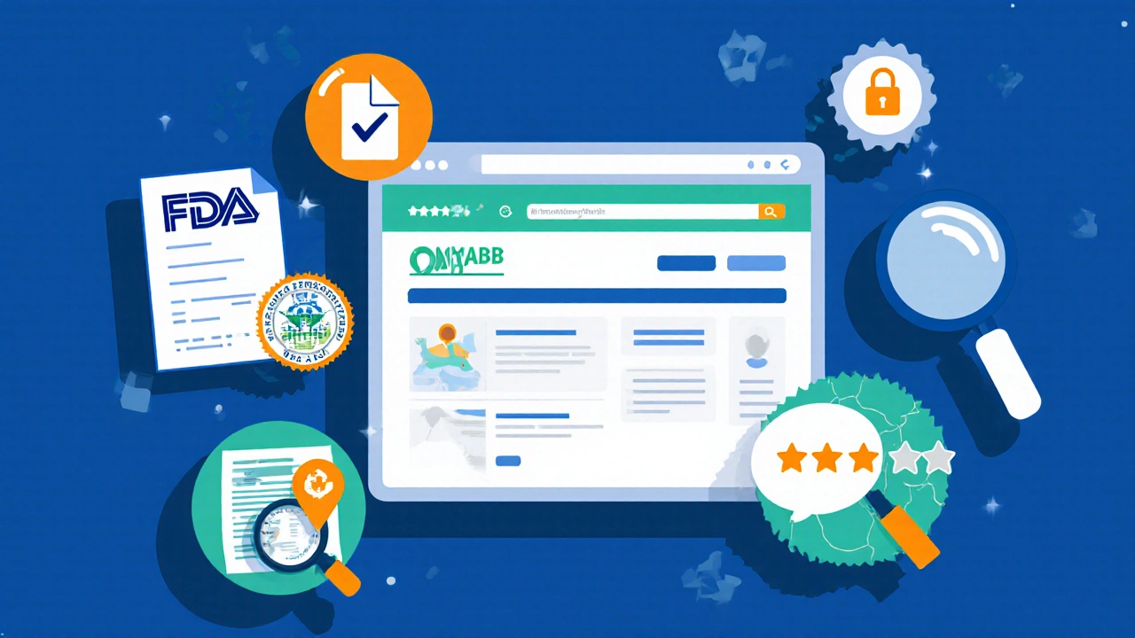 Illustrated checklist showing FDA badge, prescription, pharmacist contact, and secure website icons.