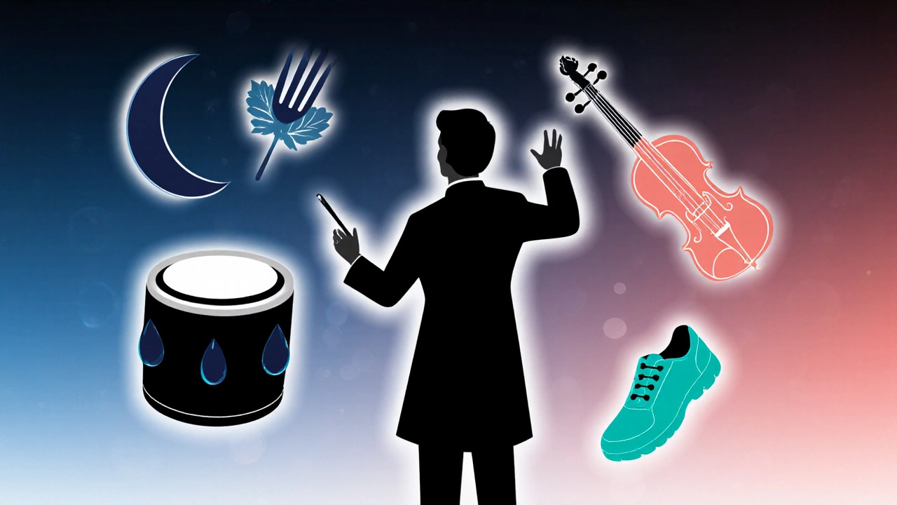 Illustration of sleep, nutrition, water and exercise as a musical ensemble in limited‑color tones.