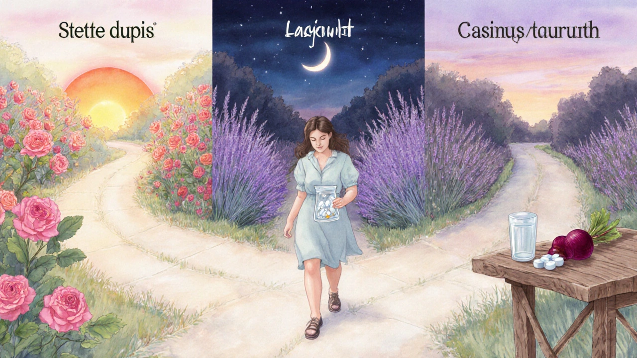 Pastel illustration of a woman at a garden crossroads choosing quick, long, or natural options.