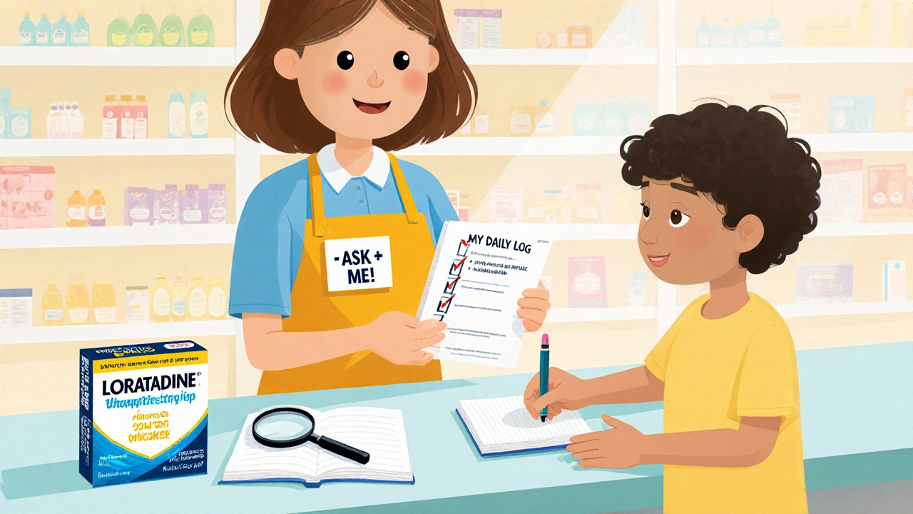 Pharmacist giving a checklist to a child who holds a notebook and pen in a bright pharmacy.