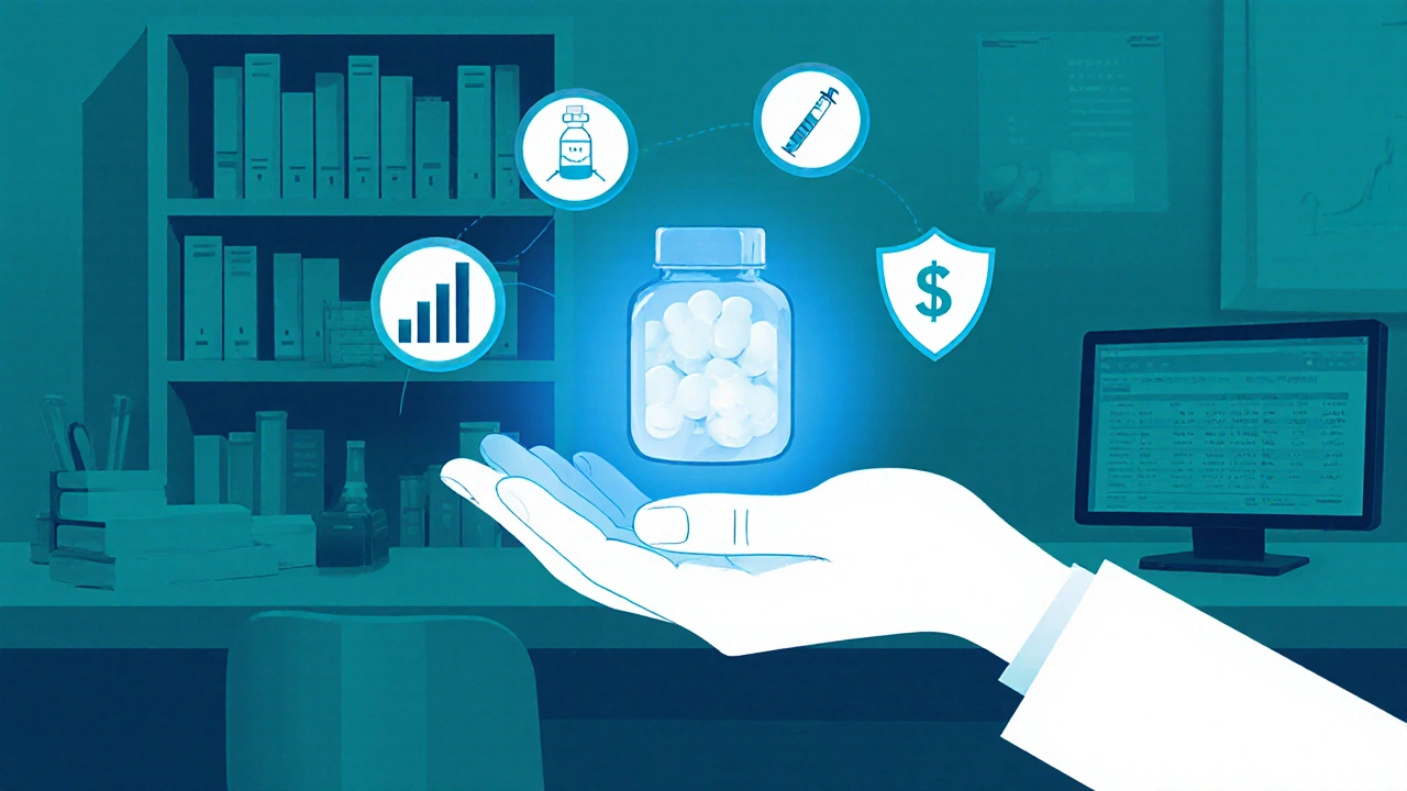 Pharmacist hand holding a glowing tablet surrounded by floating icons for potency, dose, cost, and safety.