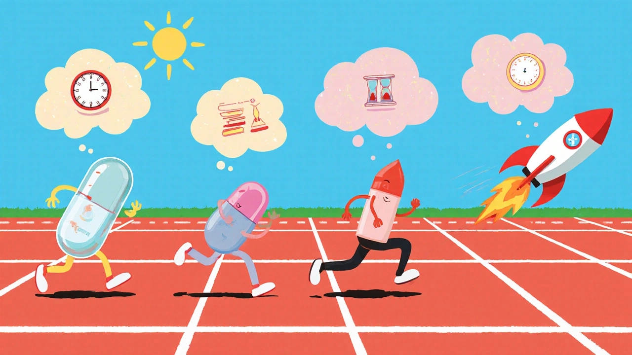 Playful race track with four medication characters showing speed and duration.
