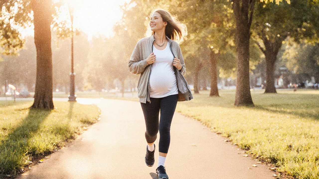 Pregnant woman walking in layered outfit, adjusting jacket, wearing ginger necklace and supportive shoes.