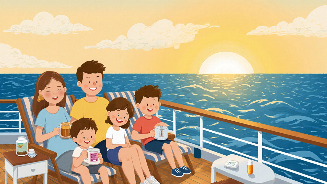 Relaxed family on a cruise ship with ginger tea, patch, and pill.