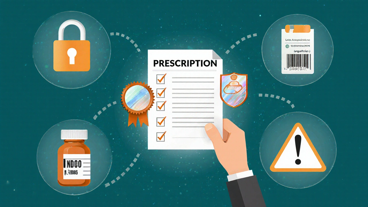 Safety checklist illustration with prescription, pharmacist badge, HTTPS lock, NDC code, and counterfeit warning.