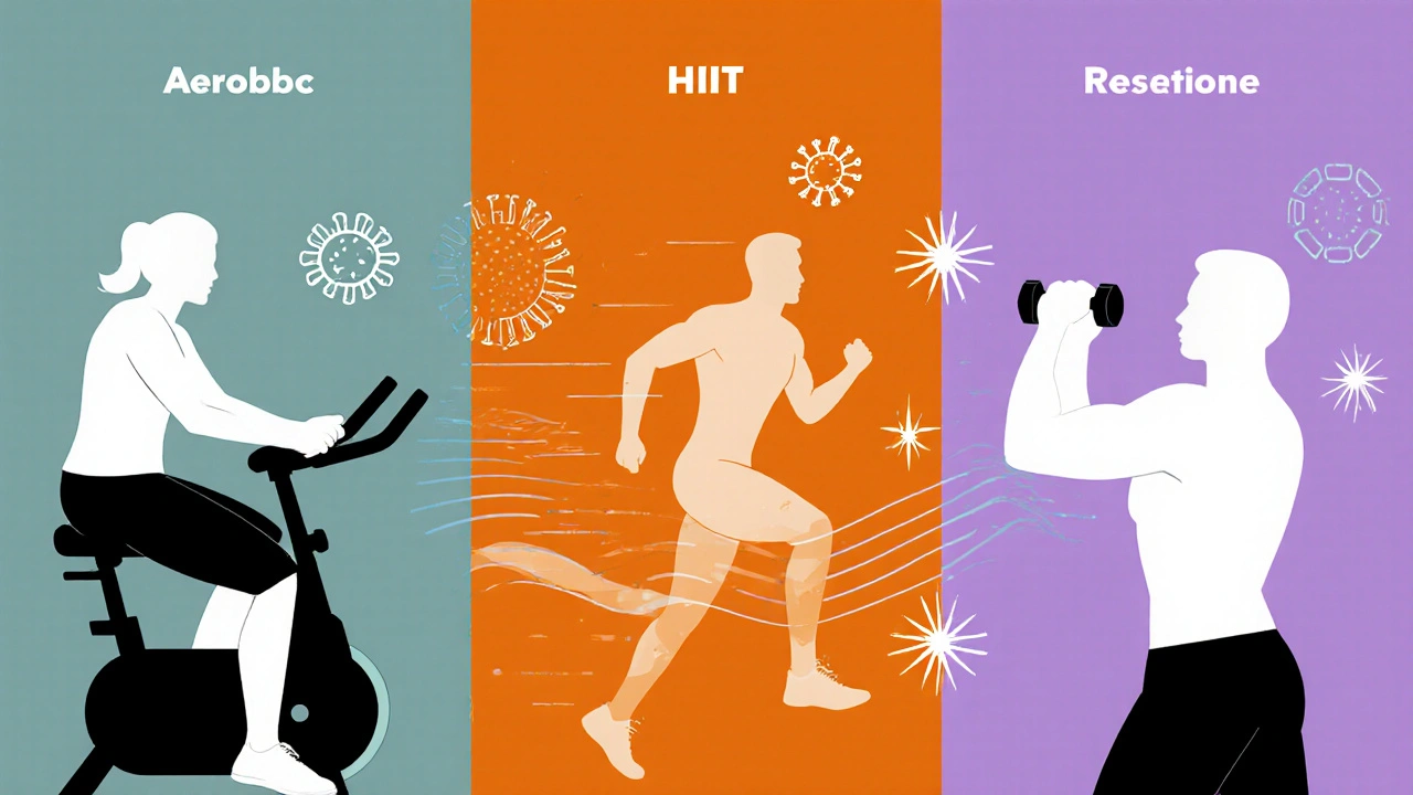 Split scene showing walking, HIIT sprint, and weight lifting, each with faint immune cell motifs in tritone.