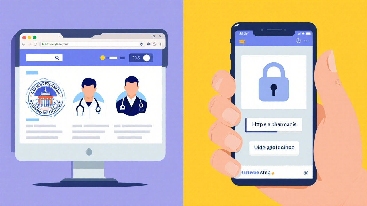 Split view of a browser and phone showing license badge, pharmacist icon, secure lock, and prescription upload.