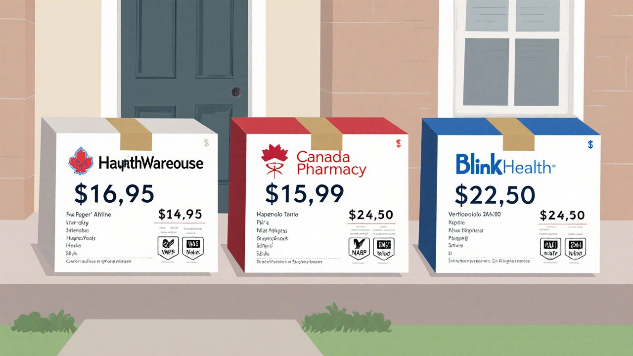 Three discreet delivery boxes showing pharmacy names, prices, shipping times, and verification icons.