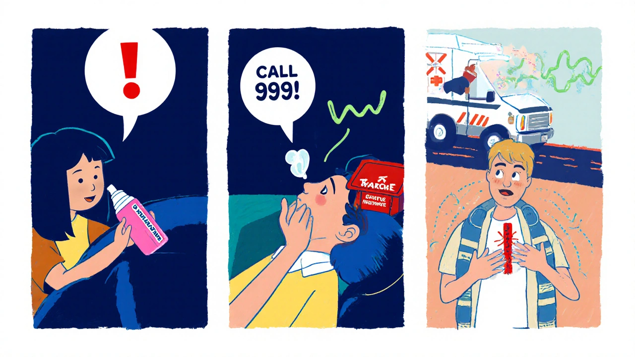 Three‑panel scene: noticing overdose, using nasal spray, and victim breathing again.