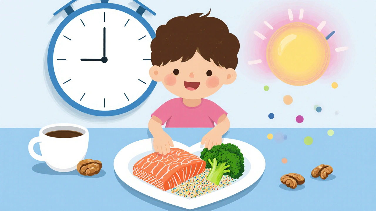A child building a heart-shaped plate with salmon, quinoa, and broccoli, with coffee and walnuts nearby.