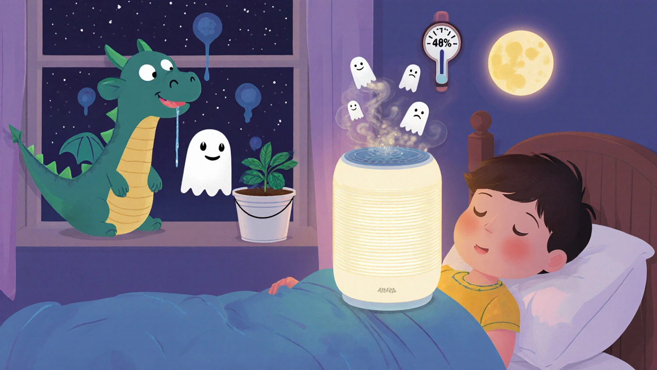 A child sleeps peacefully as a HEPA air purifier removes mold spores from the air.