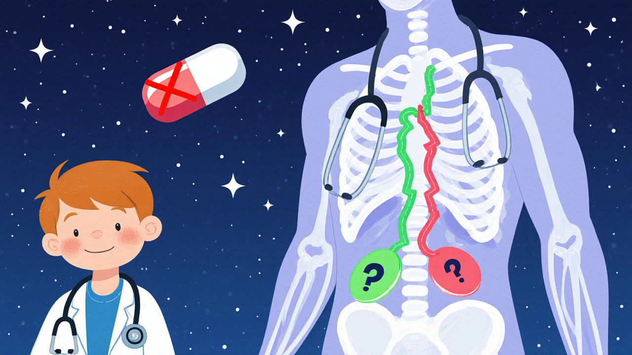 A child with a stethoscope stands beside a glowing body with one steady and one jagged drug pathway.