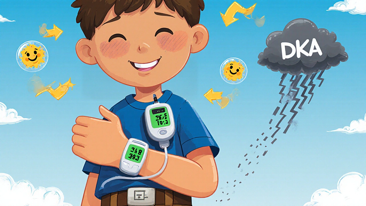 A child with an insulin pump smiles as a glucose monitor shows green happy numbers.
