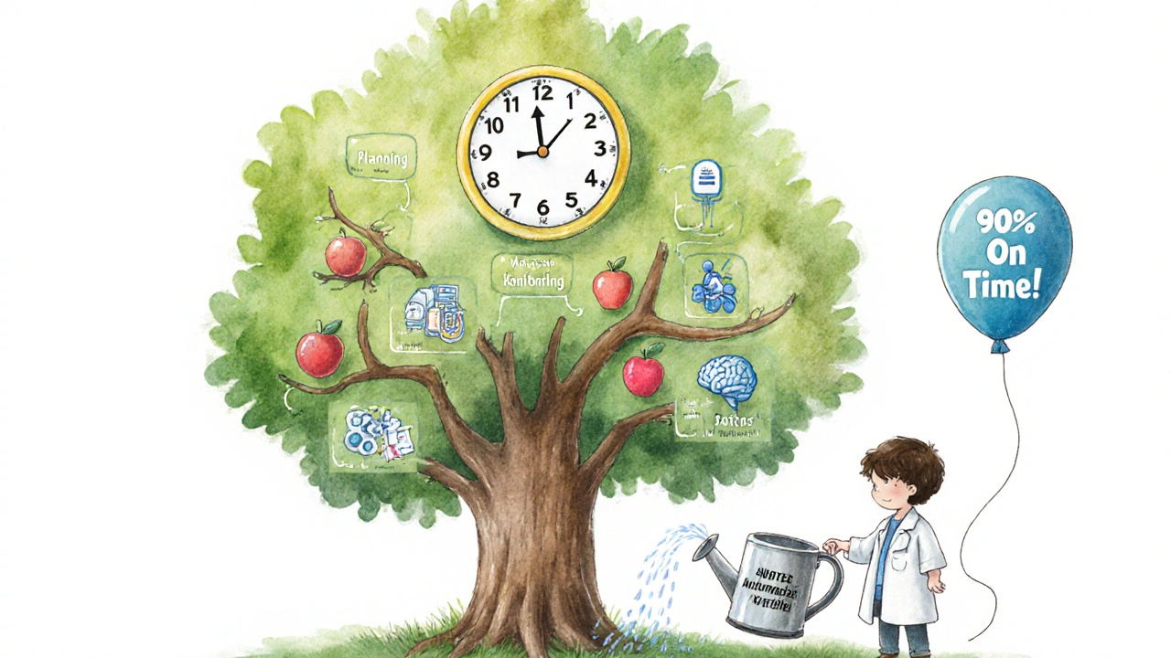 A clock-shaped tree grows safety study fruits, watered by automated alerts, with a &#039;90% On Time&#039; balloon overhead.