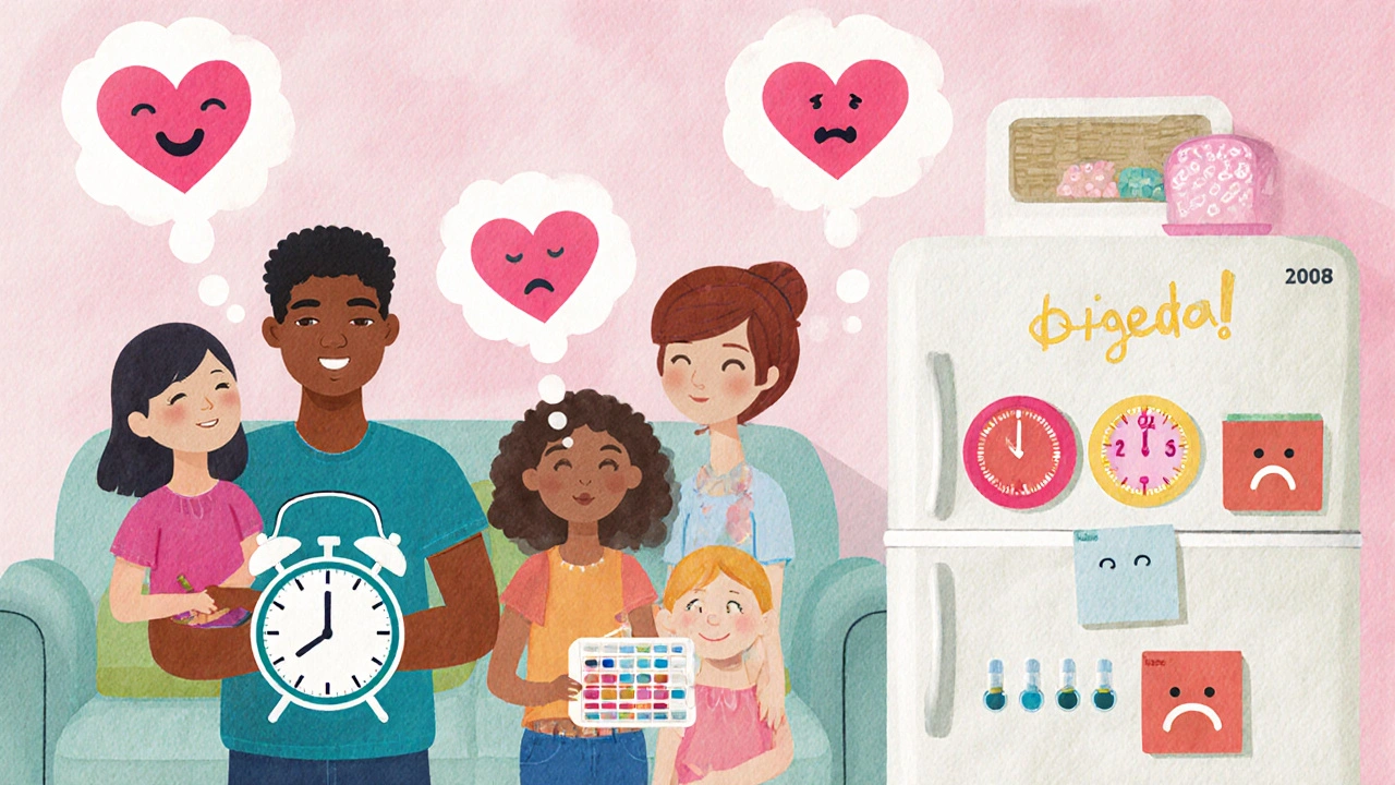 A family using alarms and labeled pill organizers to track medicine times with a chart on the fridge.