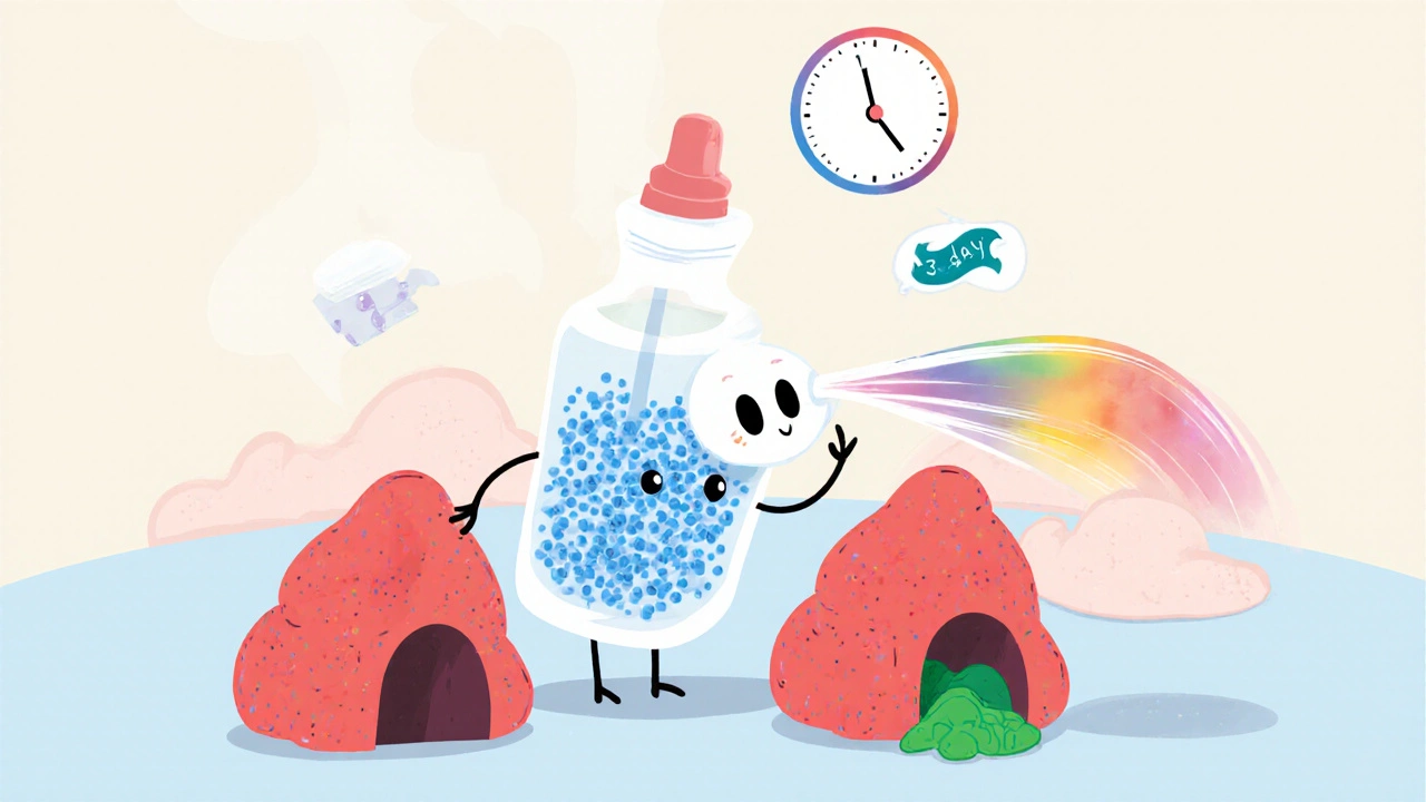 A friendly nasal spray delivers calming blue particles to reduce swollen nasal tissues.