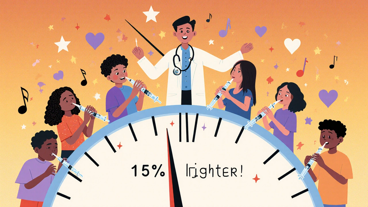 A group of people playing health-themed music with injection pens as instruments above a scale showing weight loss.